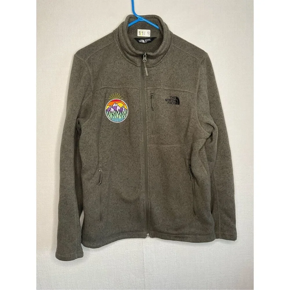 The North Face Knit Jacket mens M ZipUp Sherpa Lined Fleece Khaki Green‎ Sweater